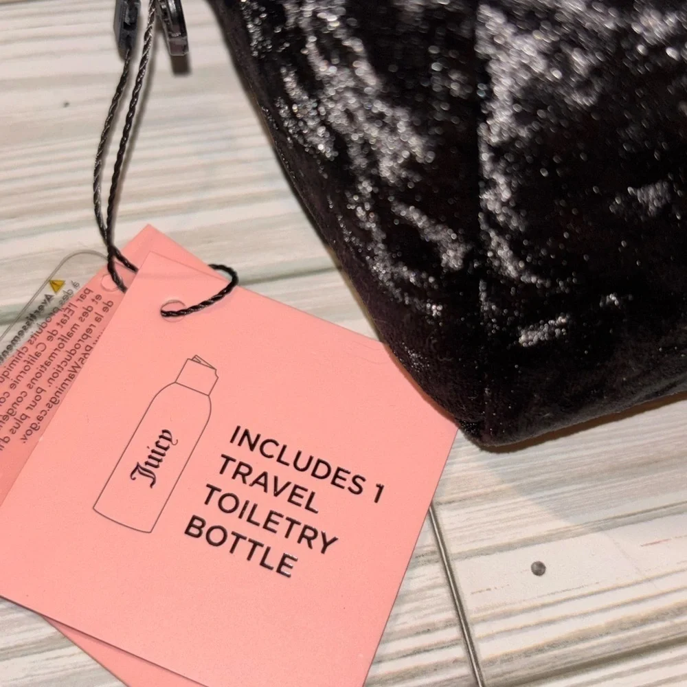 NEW Juicy Couture Black Velour Cosmetic Makeup Travel Bag & Bottle